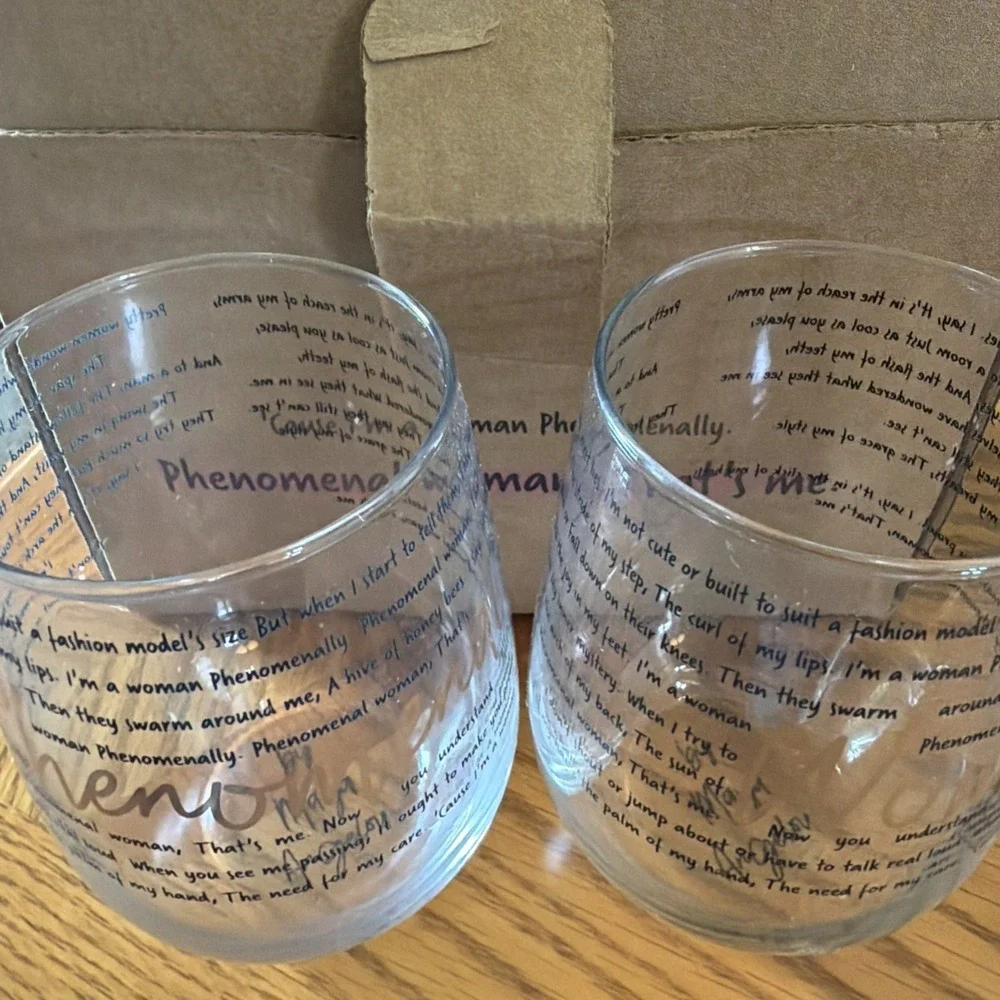 Maya Angelou Phenomenal Woman Stemless Wine Glass Set of 2 Gold Script Poem USA‎
